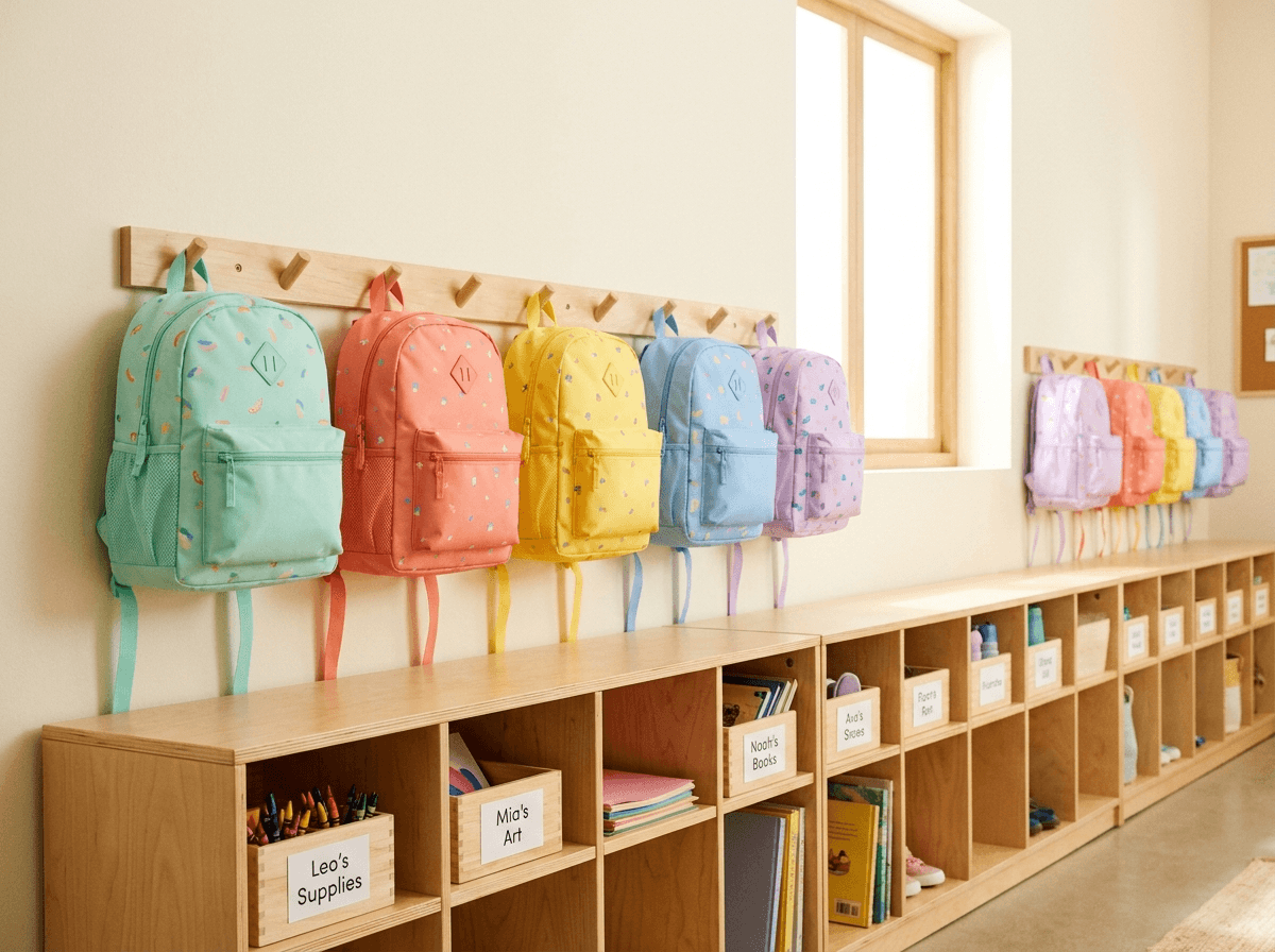 Colorful backpacks and cubbies for before & after school care