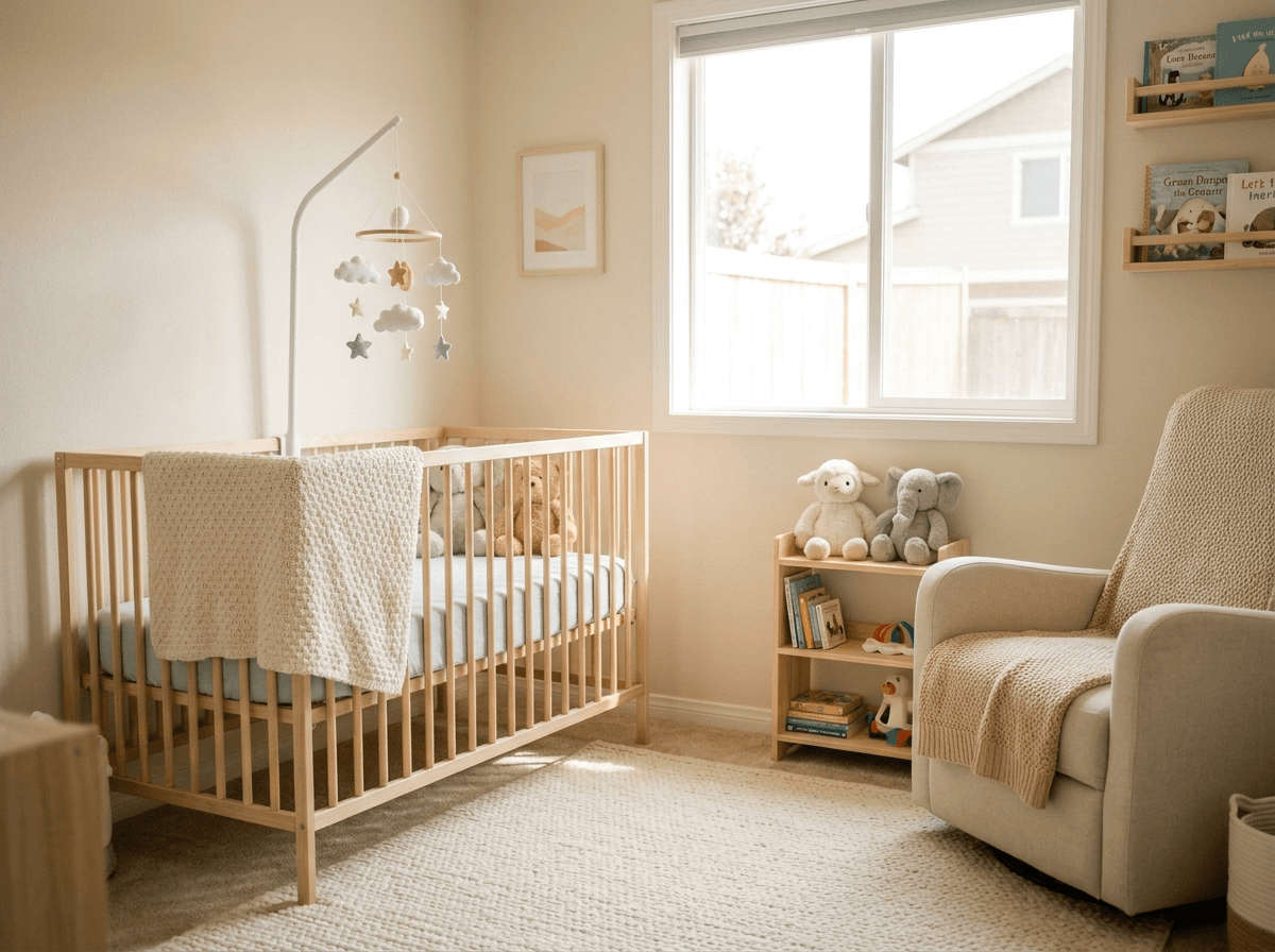 Cozy infant room with a crib and soft toys at Little Wise Owls