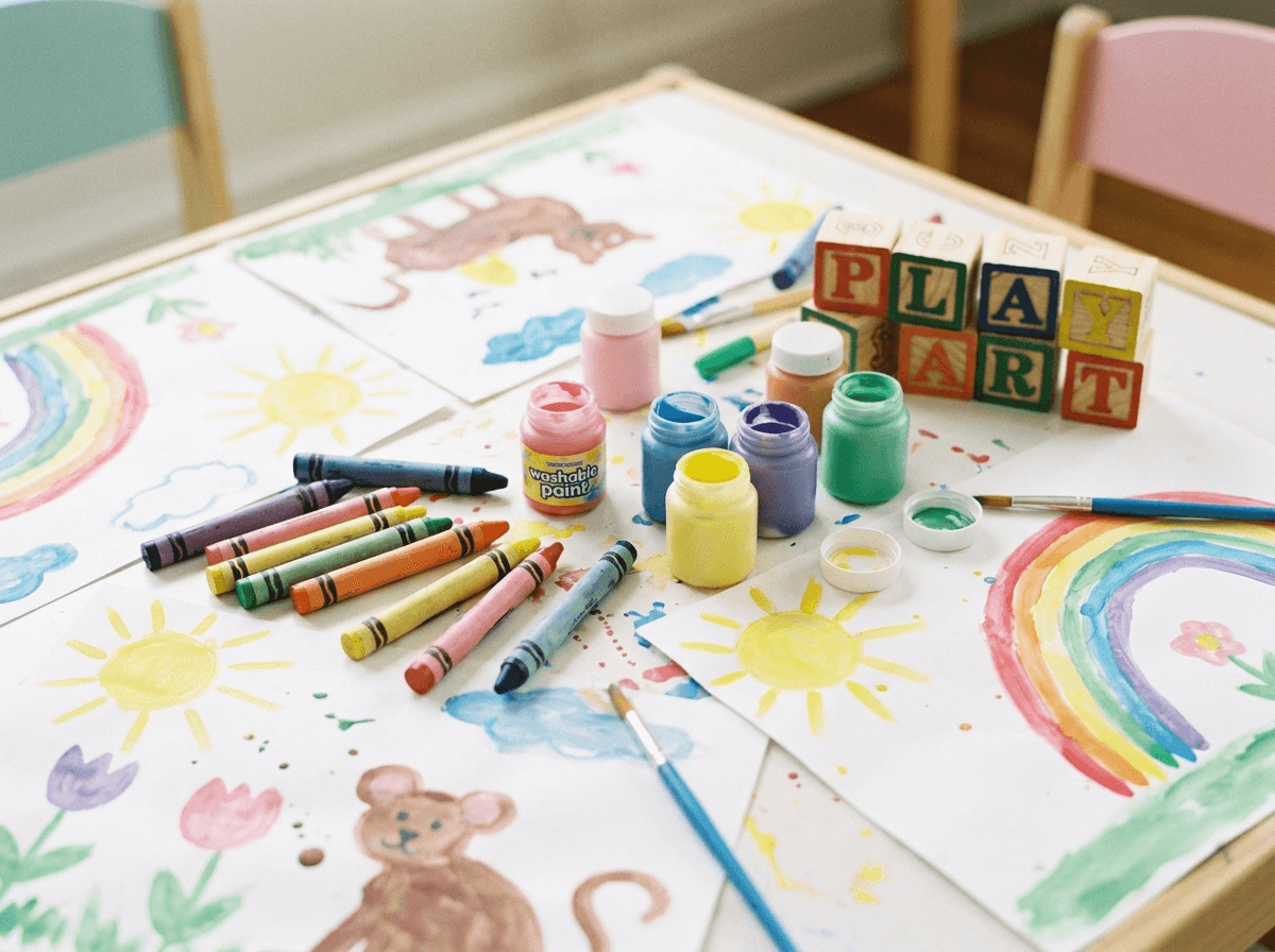 Preschool art table with crayons, paint, and building blocks