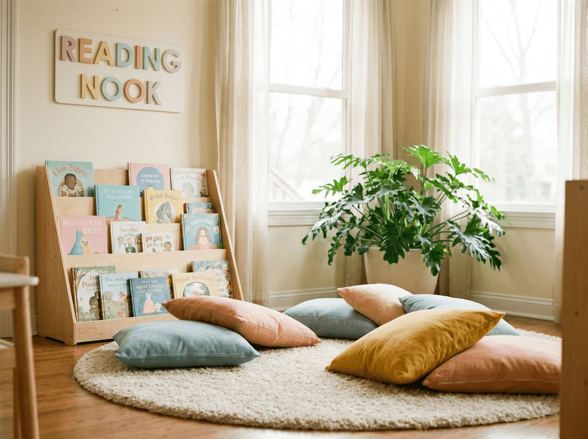 Cozy reading corner with picture books at Little Wise Owls